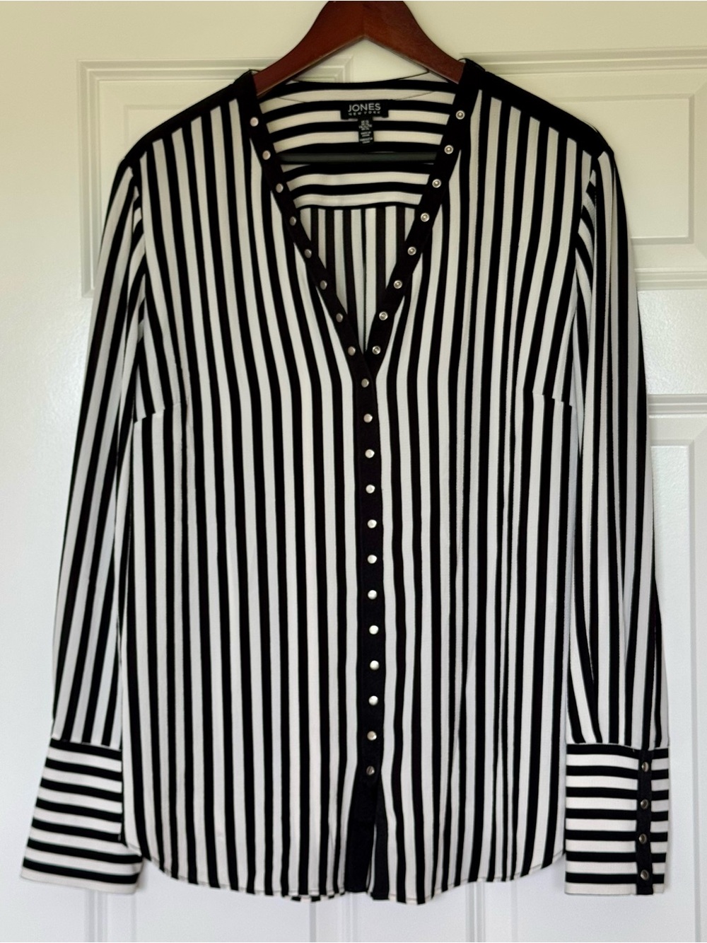Jones New York Black and White Vertical Stripe Button-Front Top